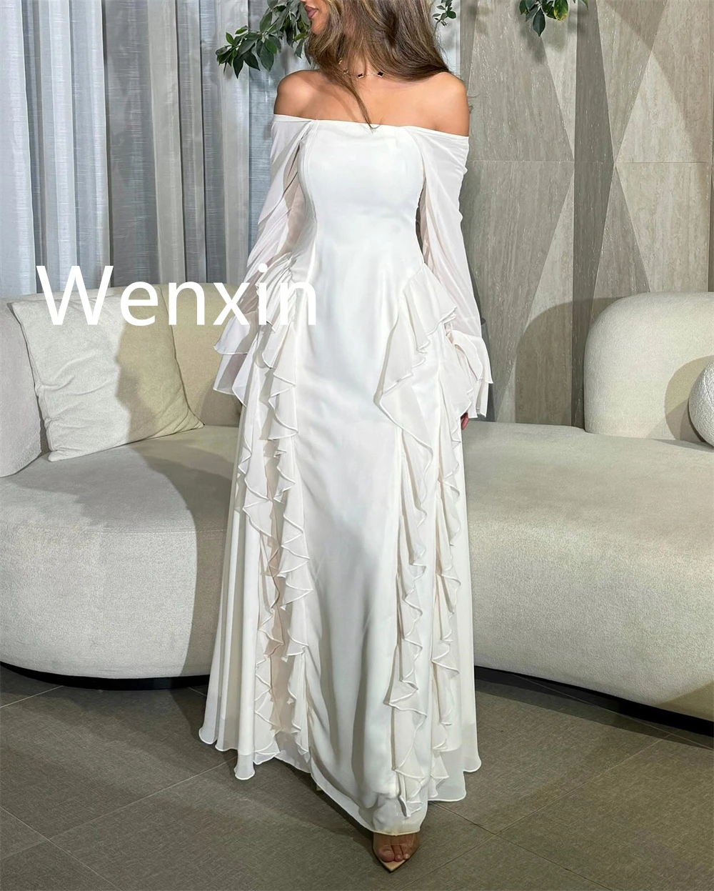 فستان سهرة شيفون رائع مخصص ناعم قبالة الكتف فساتين العودة للوطن الحديثة سويب تراين فساتين المناسبات الخاصة #3