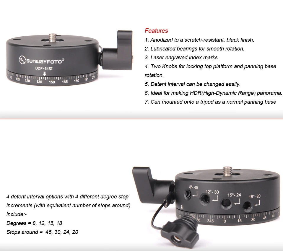 Sunwayfoto Panoramic Indexing Rotator DDP-64SI for Panoramic Head Perfect for Benro, Sirui, Manfrotto, Gitzo Tripod