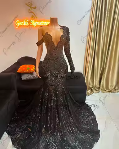 Exquisite Design style Mermaid Prom Dress Long Sleeves Glitter Sequins Gown Birthday Party Dress Evening Gown Robe Customized
