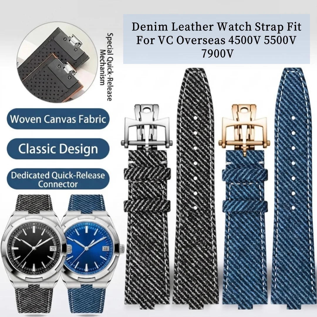 Hand-Made Denim Pattern Watch Strap Fit For Vacheron Constantin Overseas 4500V 5500V 7900V 24×7mm Watch Band With End Linking