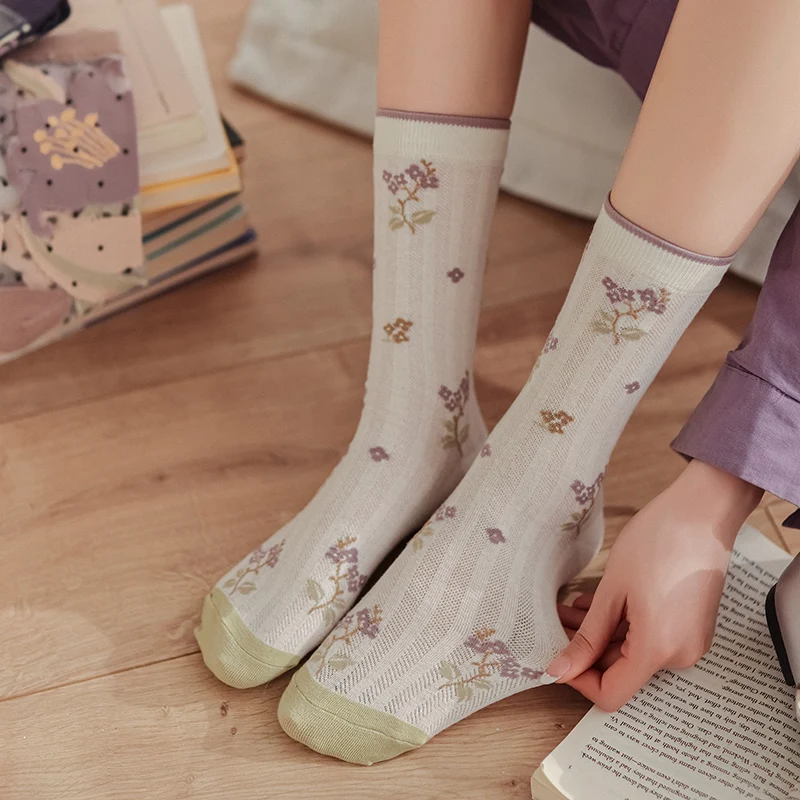 New Woman Socks Summer Fashion Transparent Socks Female Retro Korean Style Striped Creative Mesh Long Flower Socks Breathable