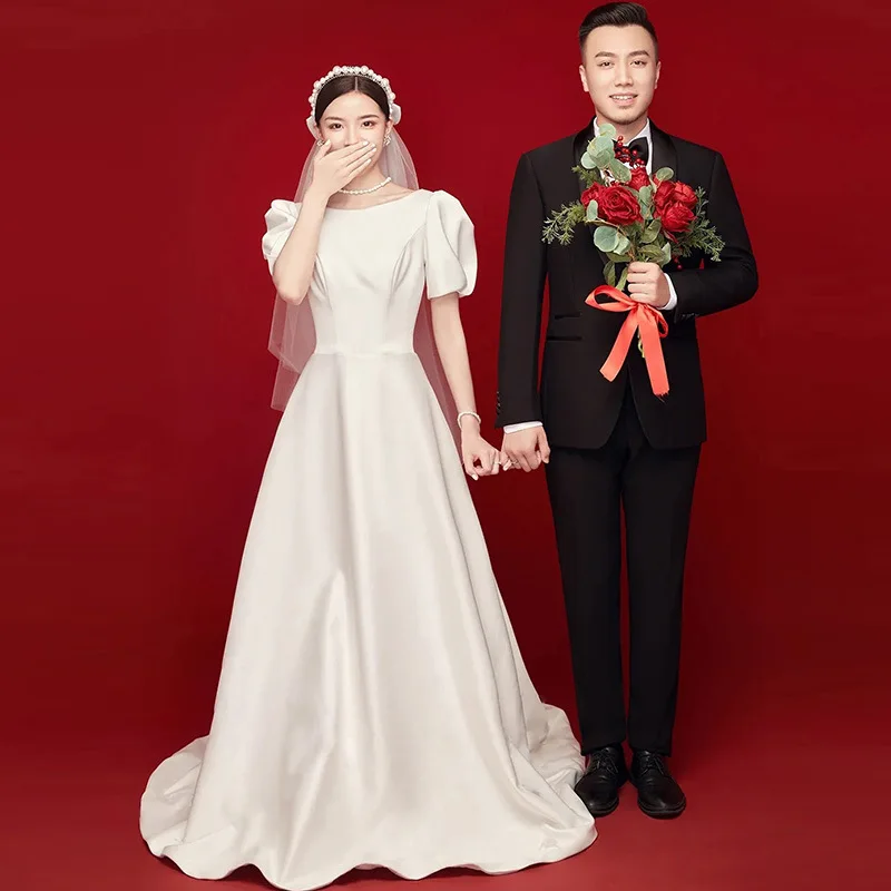 Korea Stijl Ivoor O-hals A-Lijn Trouwjurk Vlek Rits Robe De Mariée Bruidsjurken Korte Mouw Vestidos De Novia 2024