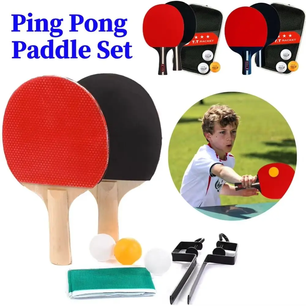 With 3 Balls Table Tennis Set with Mesh Rack Poplar Wood Ping Pong Set Fall Prevention Comfort Handle Ping Pong Supplies