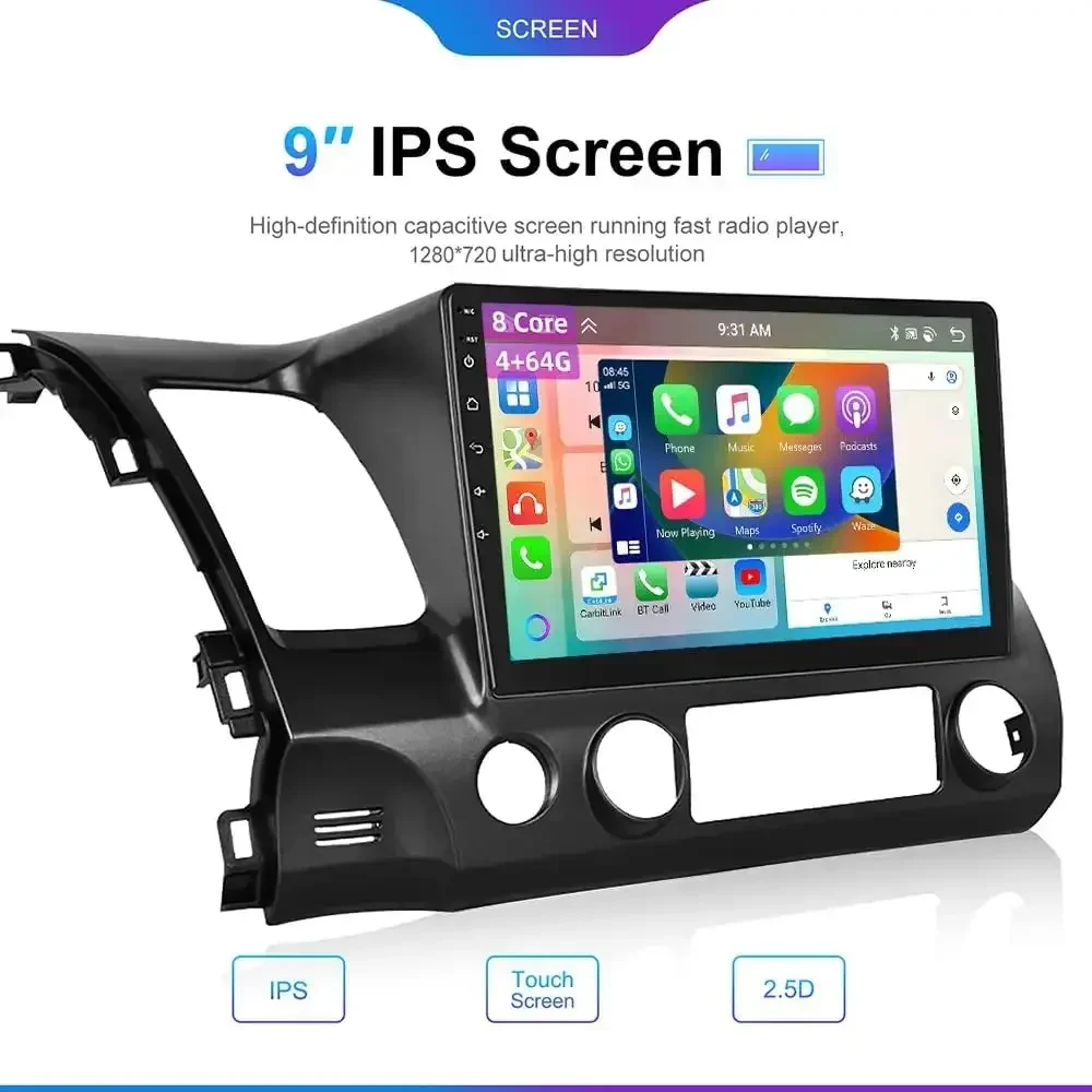 For 2006-2011 Honda Civic Android 13 In-Car Navigation System 10in Built-in with CarPlay+Android Auto/4+64GB - Left-Hand Drive