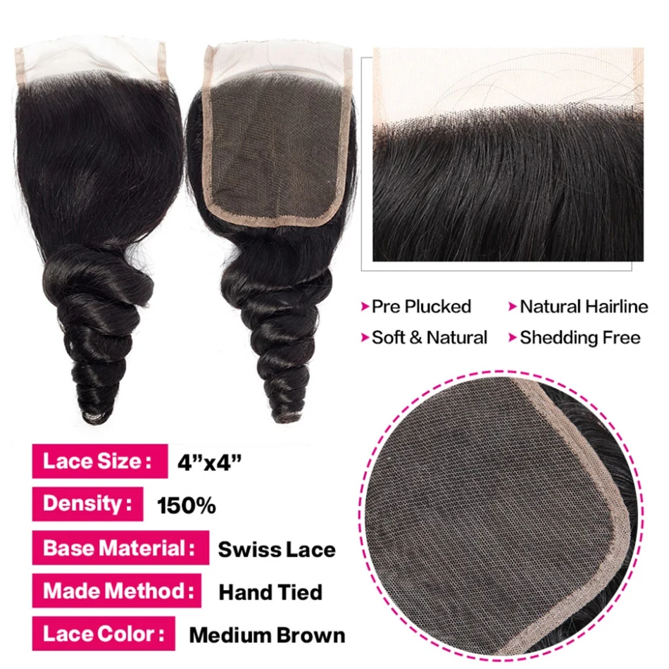 Pacotes de cabelo humano de onda solta indiana com fechamento frontal do laço, extensões de cabelo virgem, cor natural, 3/4 Pacotes