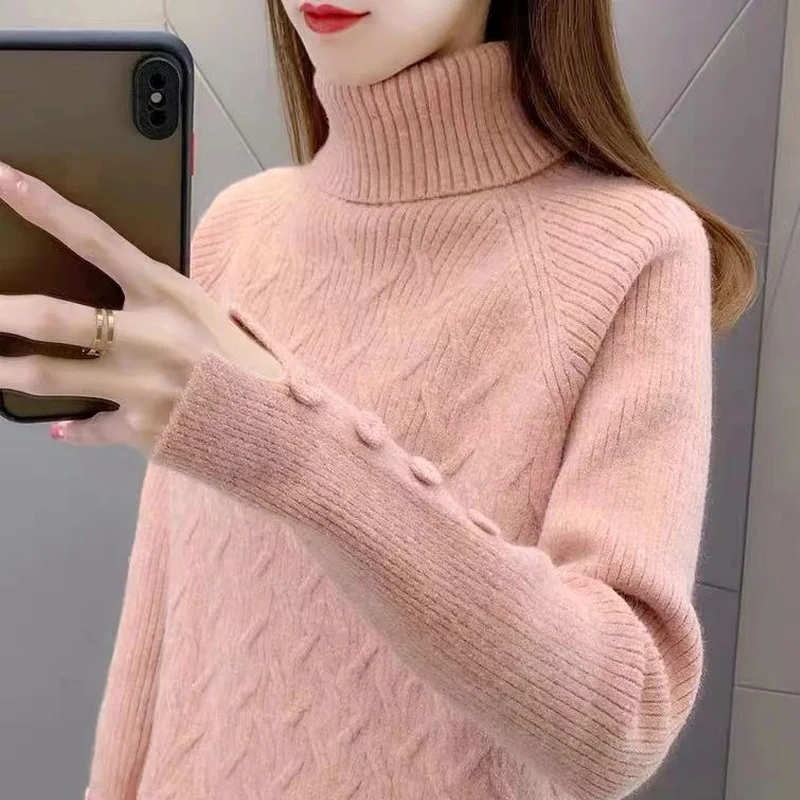 Autumn Winter Fried Dough Twists Turtleneck Women's Sweater Loose Pullover Fashion New Buttons Versatile Knits Thick Tops 31086