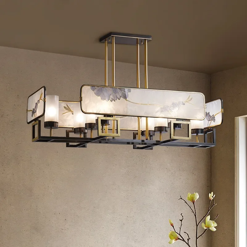 New Chinese Enamel Chandelier Solid Copper Luxury Pendant Light for Dining Room Tea House Study Hotel Front Desk Long Shape