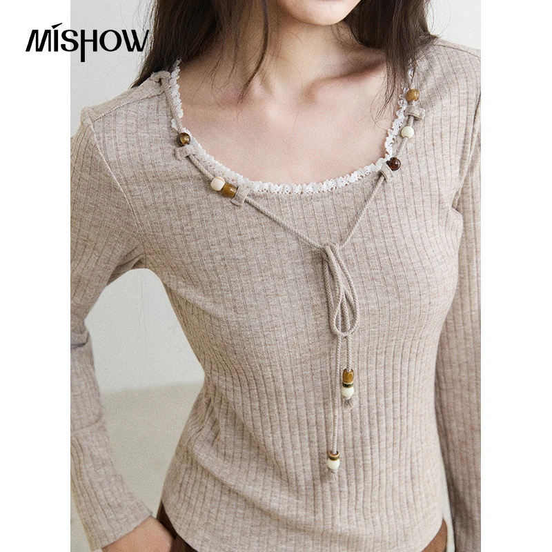 MISHOW Soft Ribbed Knit Top 2026 Autumn Lace Trim Neckline with Bead‑Decorated Drawstring Fashion Casual Knitwear MXF41T1744