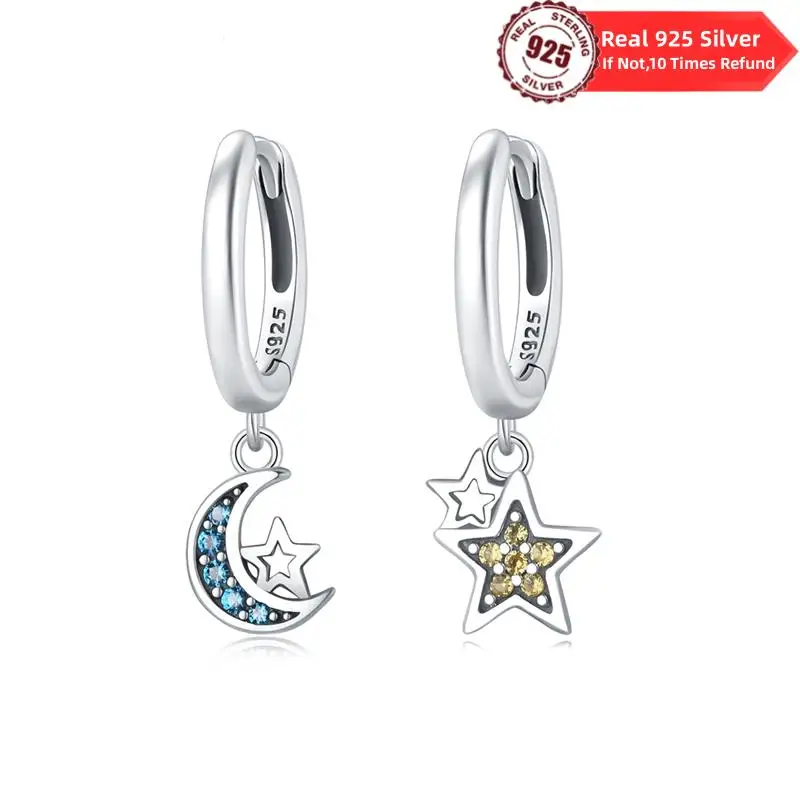 New 925 Sterling Silver Earrings For Women Zircon Blue Yellow Color Star Moon Earrings Fine Birthday Wedding Jewelry Gifts