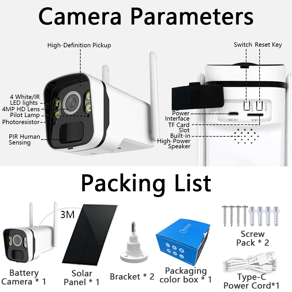 2K HD Solar Camera HD 4MP Battery Powered WiFi  IP Camera Outdoor Wireless Surveillance Security Camera Waterproof IP66 CCTV PIR