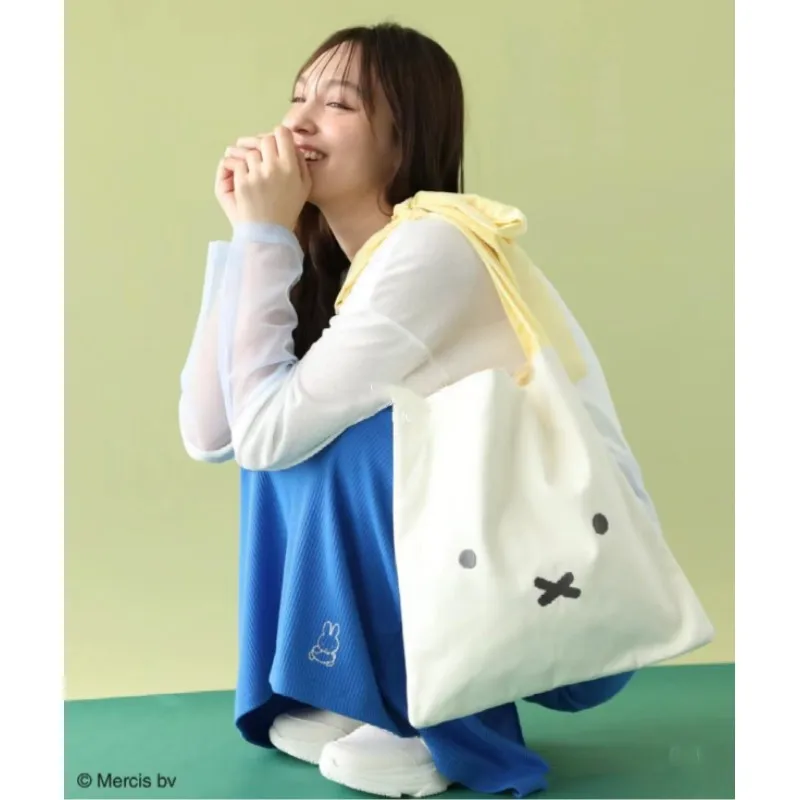 Kawaii Anime New Miffy Rabbit Canvas Handbag Sweet Bow Shoulder Bag Cute Cartoon Student Tutoring Shopping Bag Gifts for Kids