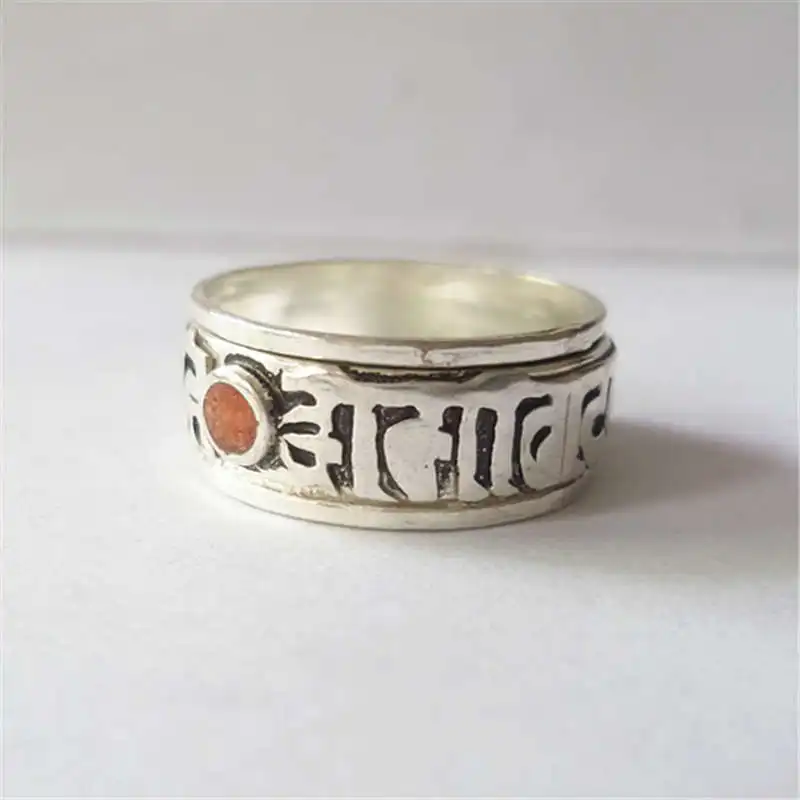 Tibetan Six Words Mantras Amulet Spin Lucky Rings White Metal Copper Ring OM MA NI PAD ME HUM R112