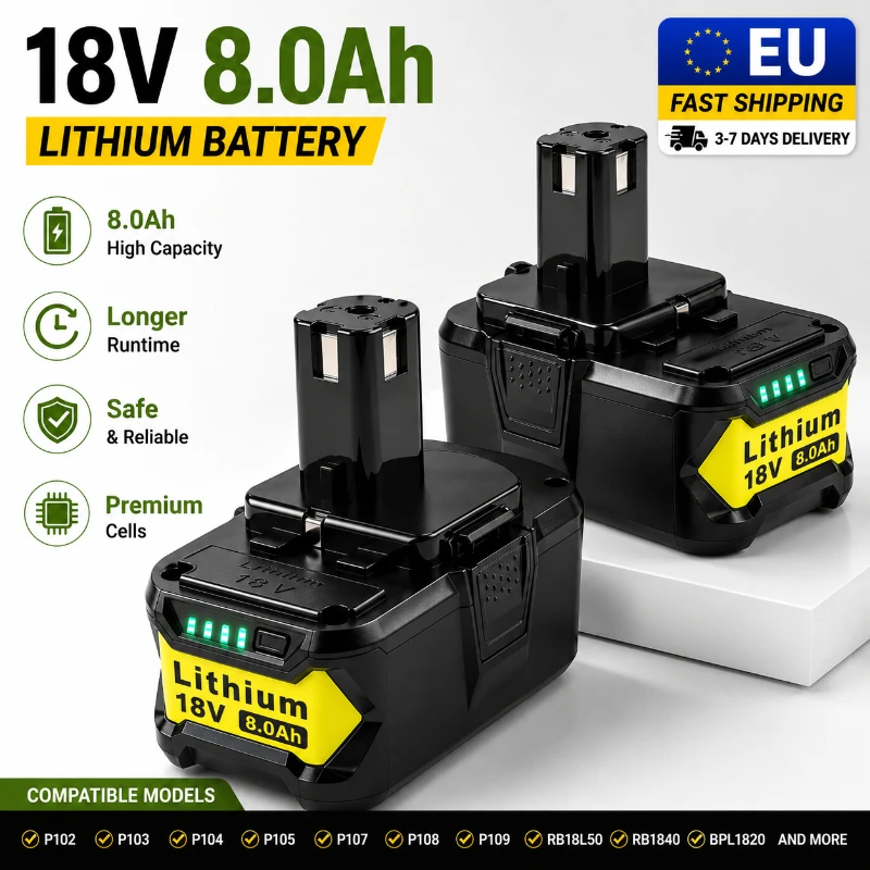 8,0 Ah 18 V Lithium-Ionen-Akku, Ersatz für Ryobi P108 P107 P105 P104 P103 P102, wiederaufladbarer Akku mit hoher Kapazität, EU, schneller Versand