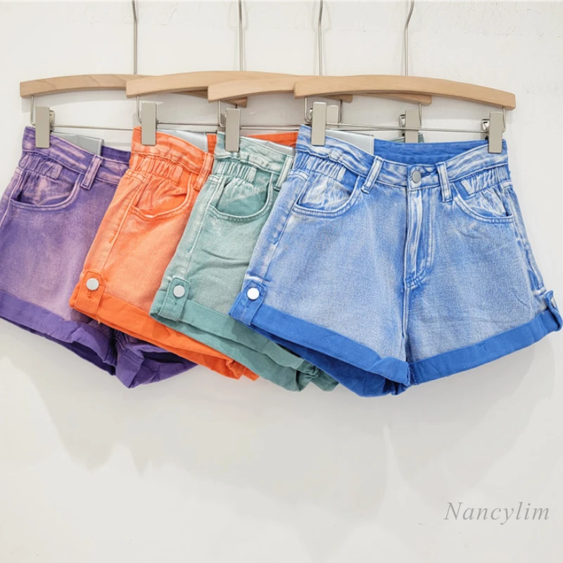 European Style Curling Denim Shorts Women's 2024 Summer Elastic High Waist Bud-Shaped Hot Pants A- Line Wide Leg Purple Shorts