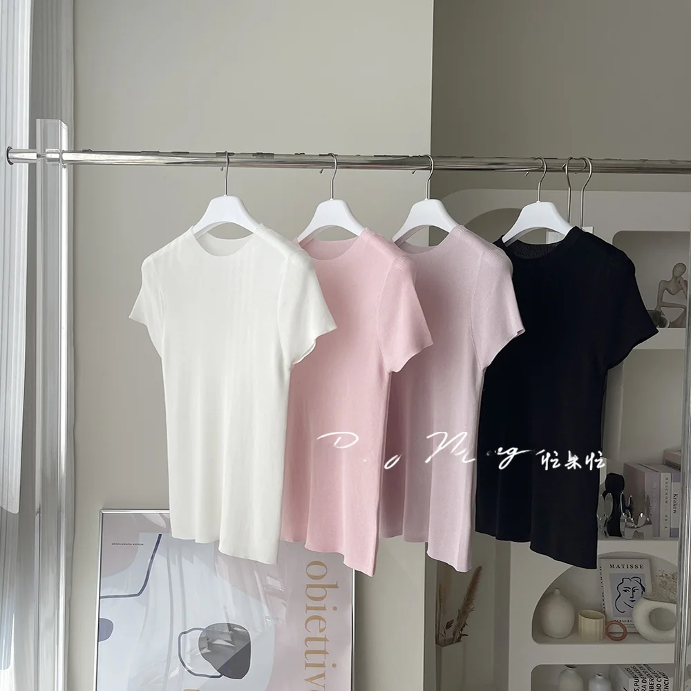 

Шелковая футболка-базовый слой для женщин, корейский стиль, трикотажная, облегающая, незаменимая для повседневной носки