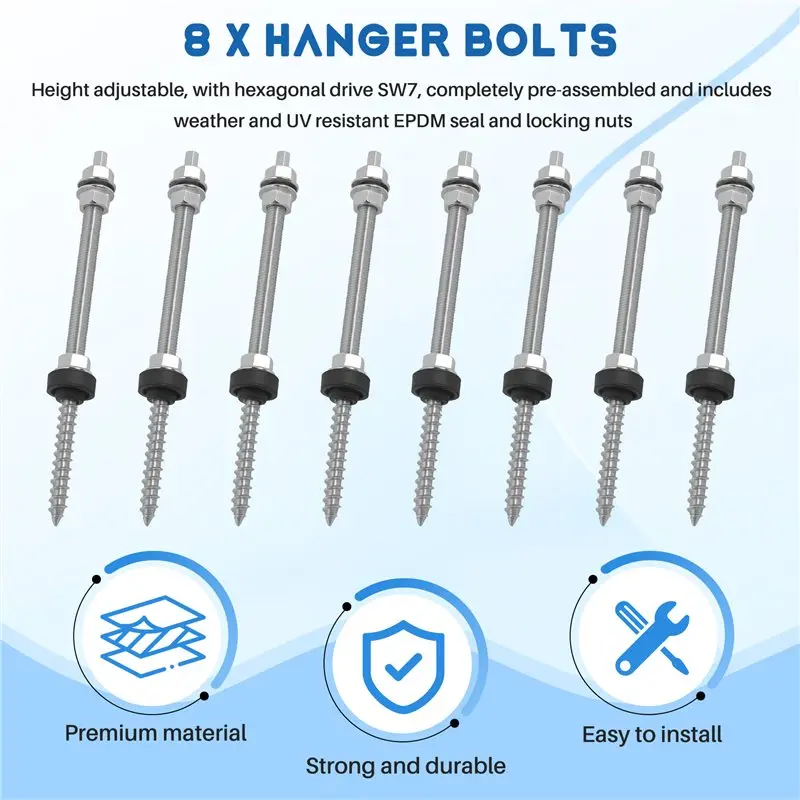 AWAH Hanger Bolts M10 X 200 Mm, Pre-Assembled, V2A, Height-Adjustable, For Photovoltaic Solar Mounting Roofs, 8 Pack