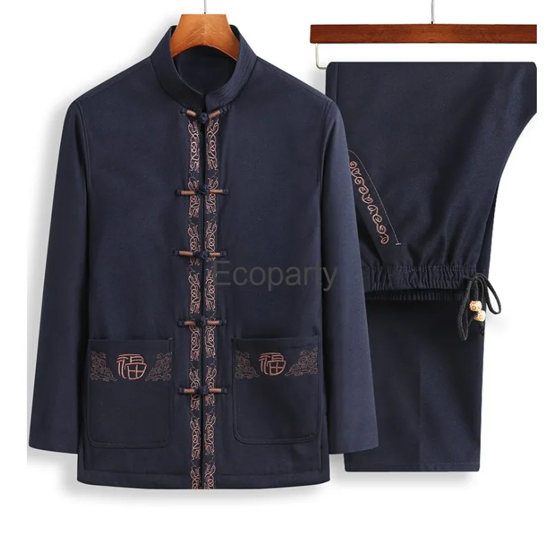 Terno Tang tradicional chinês masculino, jaqueta de quimono hanfu, cardigã sólido, gola cheongsam, blusa casual de botão, calça retrô