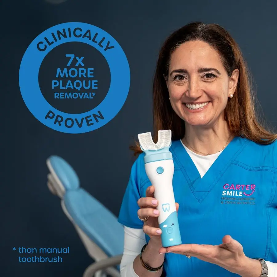 

BrushBot Kids UShaped Toothbrush Starter Kit Dye amp Fluoride Free, Smart Electric Toothbrush for Kids, App Connectivity, Soft B