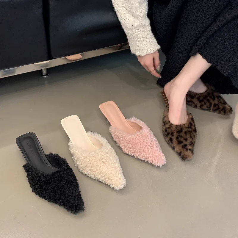 Women Fur Slipper Winter Pointed Toe Fashion Warm Plush Shallow Slip On Ladies Elegant Mules Shoes Thin Low Heels Mujer Slipper