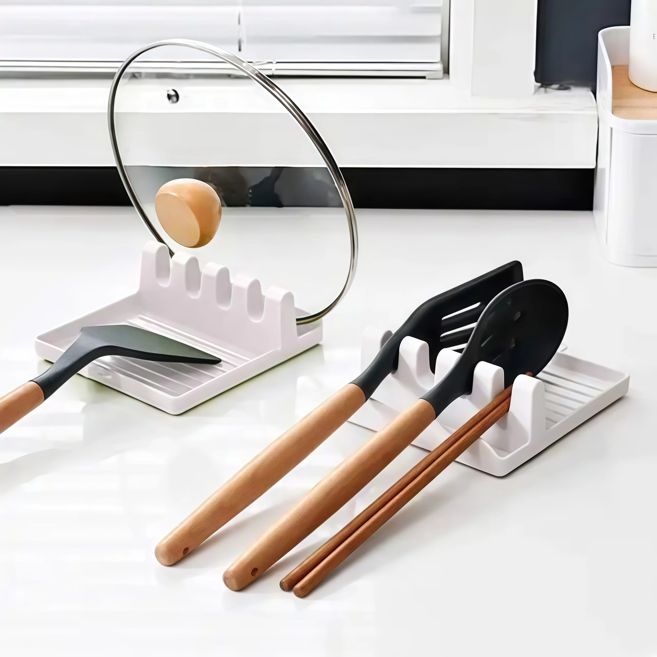 1PC Non-slip Plastic Kitchen Spoon Holder Utensil Rack Countertop Organizer for Chopsticks Spatulas Soup Spoons Pot Lids