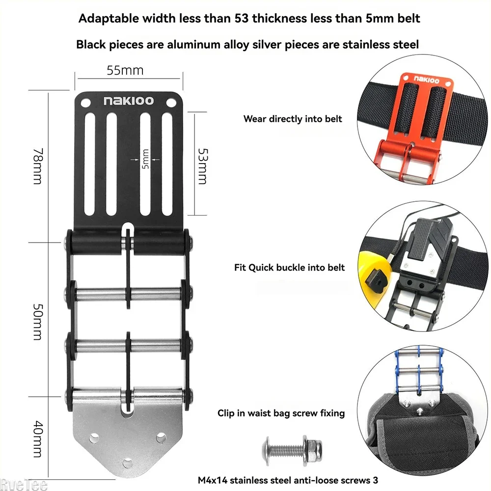 Quick Release Tool Belt Buckle - 53mm Width Stainless Steel Axle, Adjustable Chain Clip Attachment for Electricians