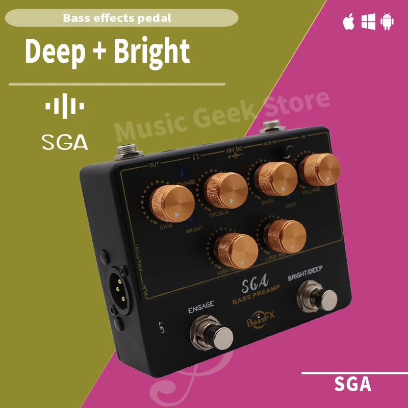 Fanmuzk SGA Bass Preamp/Direct Box 4-Band EQ Deep+Bright Switchable Headphone Out Aux-In Analog Pedal for Bass