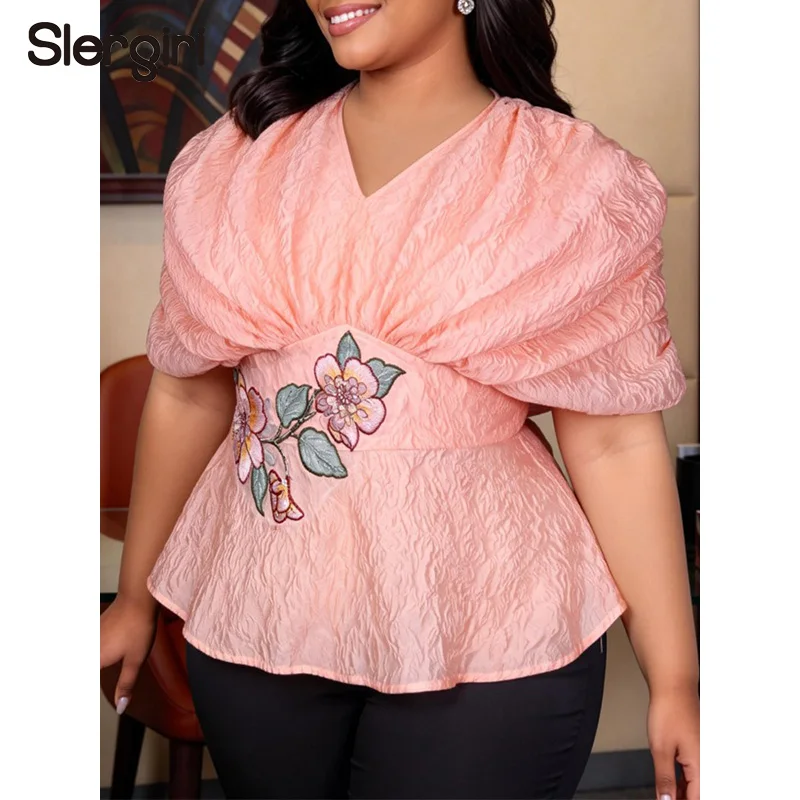 Slergiri Plus Size Floral Embroidery V-neck Peplum Blouse Women Summer Party Elegant Office Ladies Batwing Sleeve Shirt Tops