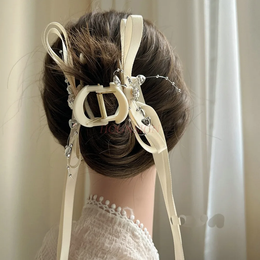 مزاجه Bowknot، مقطع قبضة حجر الراين، شريط شرابة راقي، مشبك شعر ملعقة الرأس الخلفي، مشبك كبير