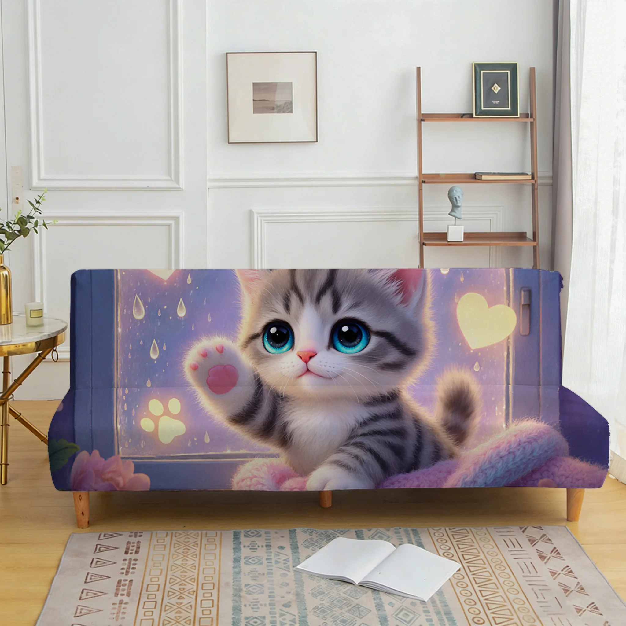 Cartoon cute kitten armrest-free sofa bed cover, non-slip and scratch-proof furniture protective cover, easy to install