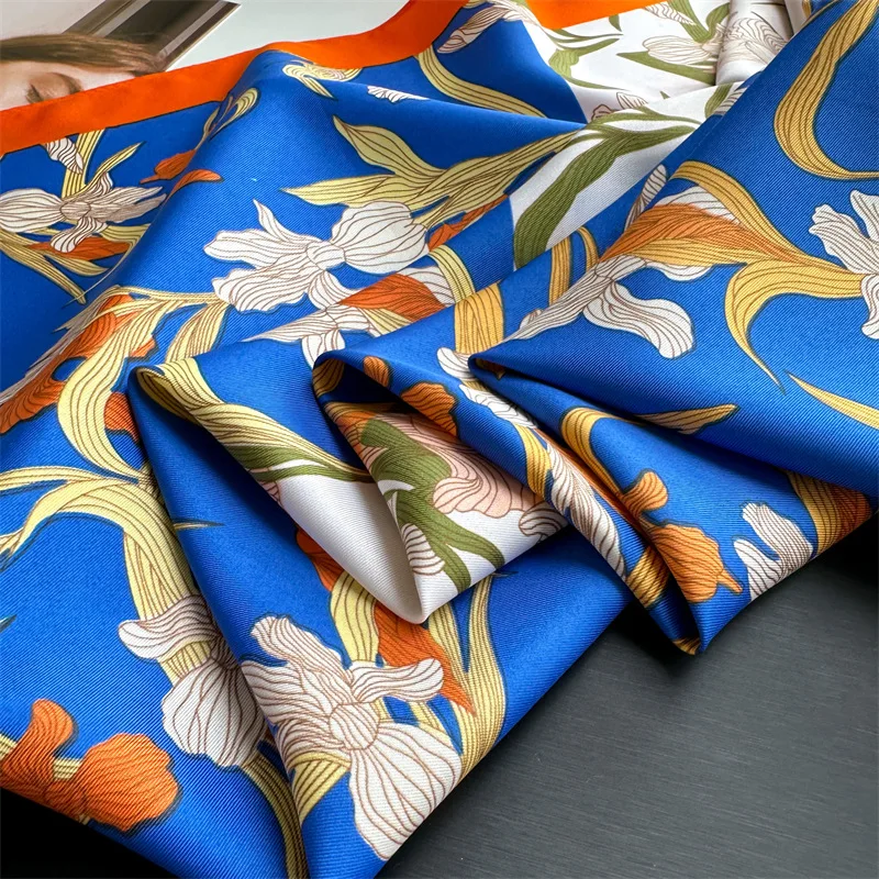 90 ซม.ผ้าพันคอผู้หญิงแบรนด์หรูดอกไม้ขนาดใหญ่ผ้าไหม Foulard ผ้าพันคอนุ่ม Neckerchief Hijab ผ้าพันคอผมสําหรับสุภาพสตรี