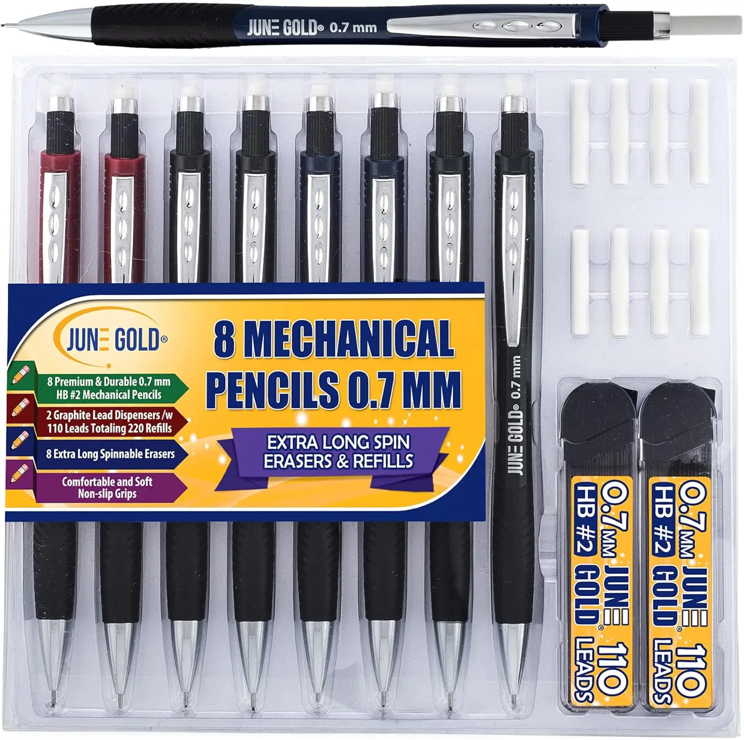 

8 Pack 0.7mm HB #2 Mechanical Pencils with Extra Long Eraser, 220 Refills, Break-Resistant Lead & Soft Grip