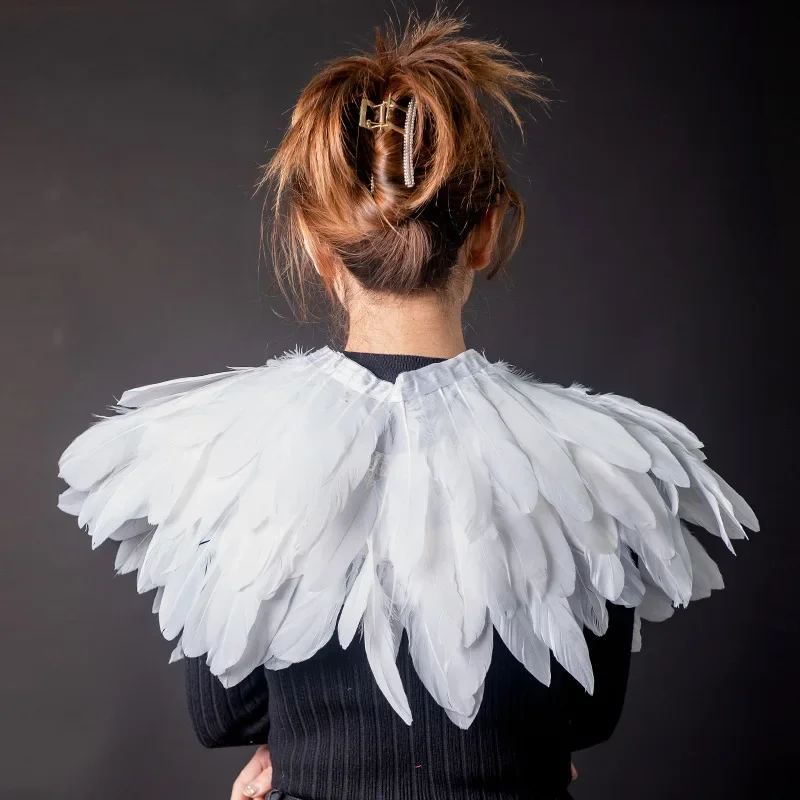 Women Natural Feather Cape Gothic Masquerade Feather Shrug Shawl Shoulder Wrap Cape Halloween Party Cosplay Costume Accessory
