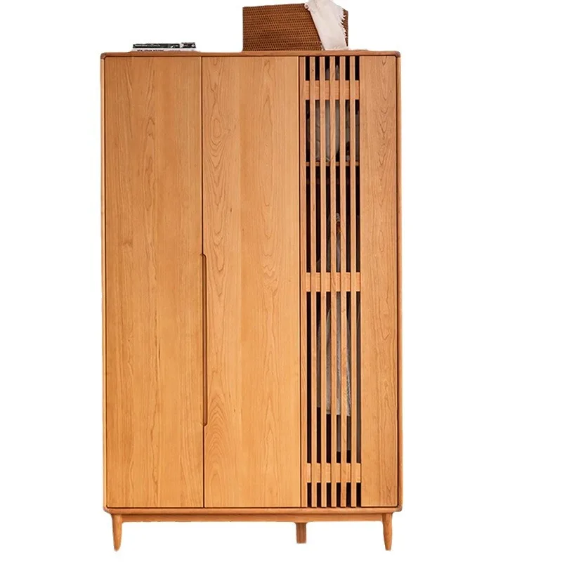 

Cherry wood home bedroom Nordic small apartment simple storage cabinet Japanese grille multi-door wardrobe