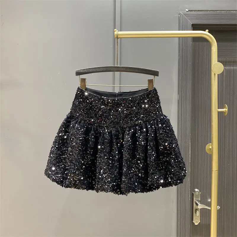 Wedbleser Sequined High Waisted Flower Bud Half Skirt Women Spring Autumn 2025 New Niche Design Fluffy A-line Short Skirts