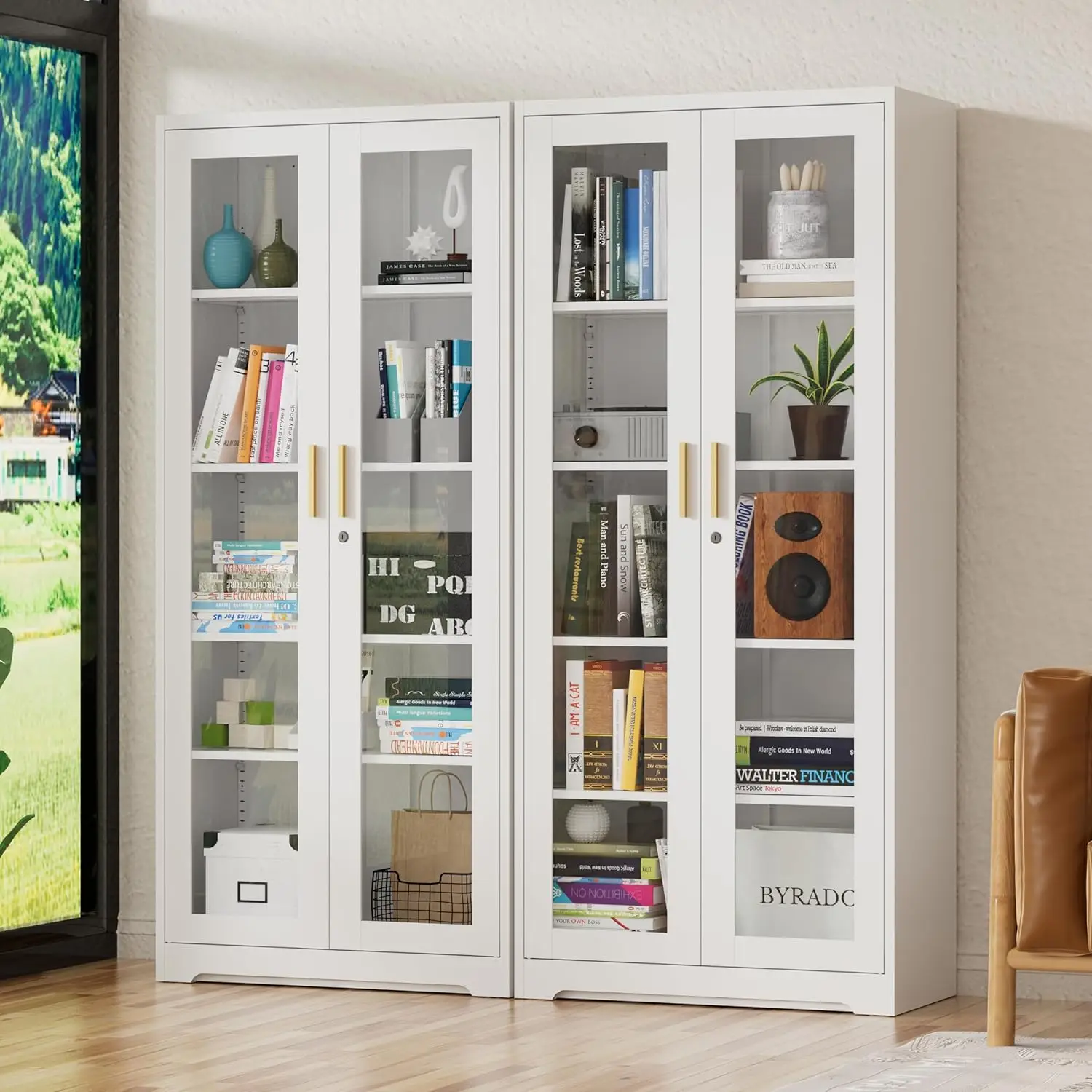 White Metal Lockable Display Cabinet for Office, Living Room, Pantry - 4 Adjustable Shelves & Glass Doors