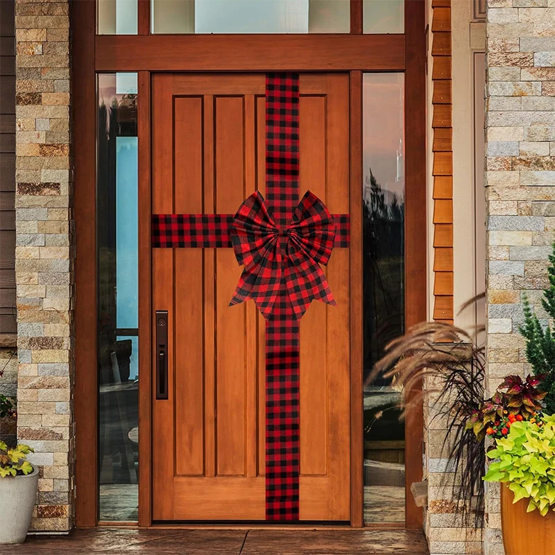 Christmas Plaid Bow Front Door Tree Fireplace Home Cupboard Cabinet Decor Checkered Patterns Xmas New Year Party DIY Decor Bow