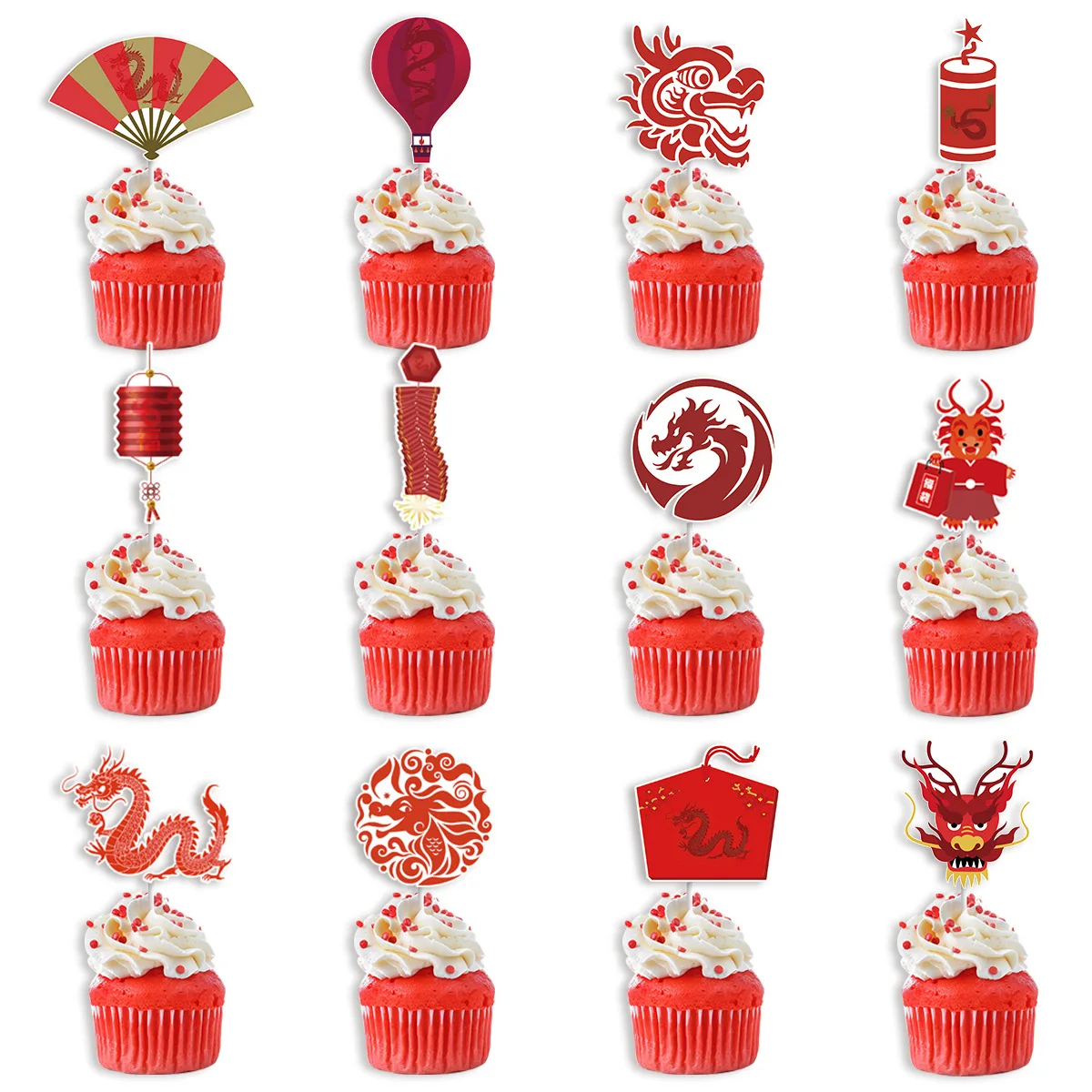 Chinese New Year Decorations 2024 Set Cute Dragon Banner Pulling Flag Happy New Year Party Cake Topper For Kids Home Decoration