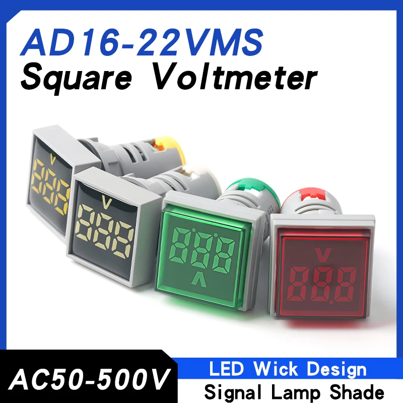 22MM Square Digital Voltmeter AC50-500V Mini Voltage Tester Instrument Monitor Power LED Indicator Light Display