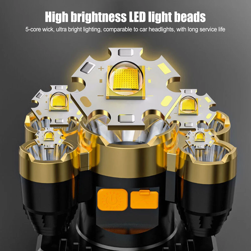 Portable 5 LED Headlamp 4 Modes Headlight USB Rechargeable Head Flashlight for Camping Hiking