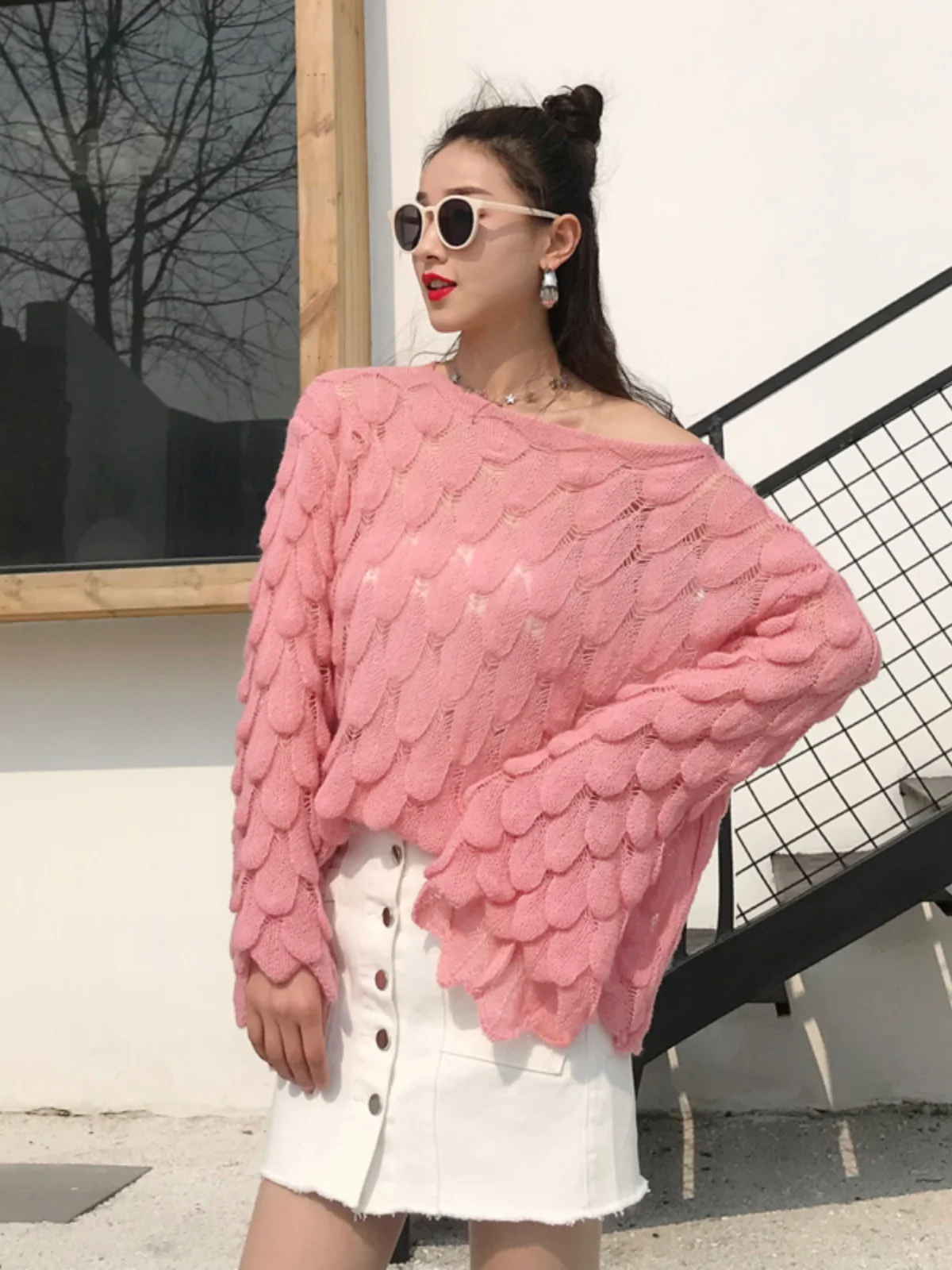 

Свободный вязаный свитер, тонкий корейский топ с вырезами для женщин, весенний модный повседневный свитер из полиэфирного волокна