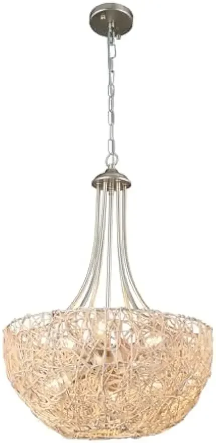 

GHJUYIOL YECTSKI Chandelier Iron Frame in Antique Silver Finish and Beige Rattan pendant lights chandeliers