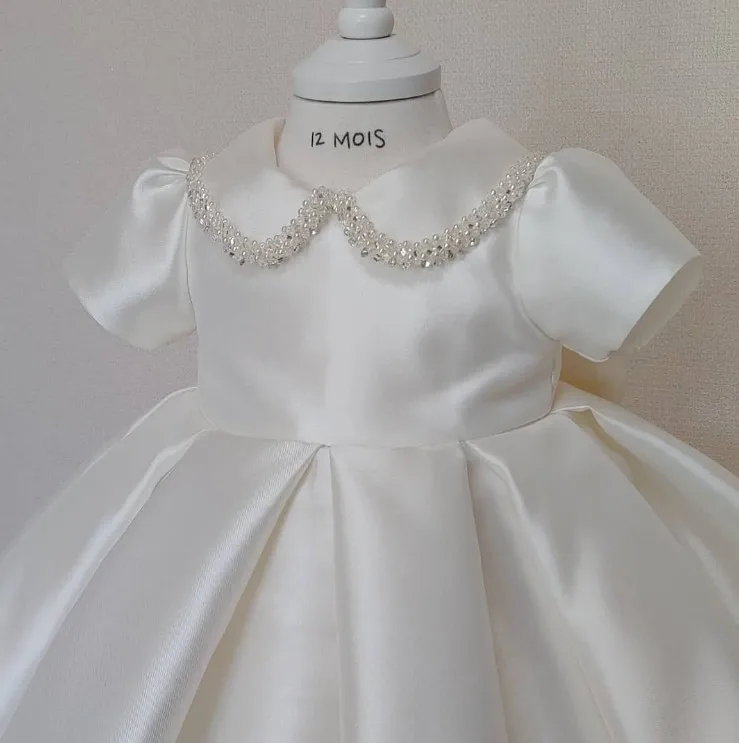 Weißes Blumenmädchenkleid aus Satin für Kleinkinder und Kinder für Hochzeit, erster Geburtstag, Zeremonie, Party, Prinzessin, Kommunion, Ballkleid für Mädchen im Alter von 1–14 Jahren – Detail 16