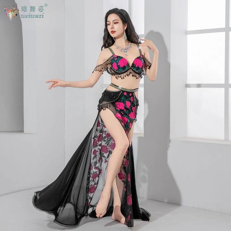 Traje de performance de dança do ventre personalizado, lantejoulas sênior bordadas, contas de cristal, conjunto de borla, roupas de competição de dança oriental