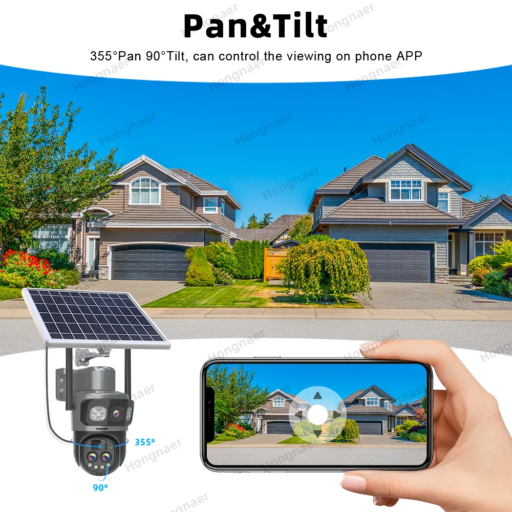 Hongnaer 12MP 6K Three Lens 10X Zoom Outdoor WiFi Solar Panel Powered Wireless CCTV Security PTZ V380 Pro WiFi Solar CCTV Camera