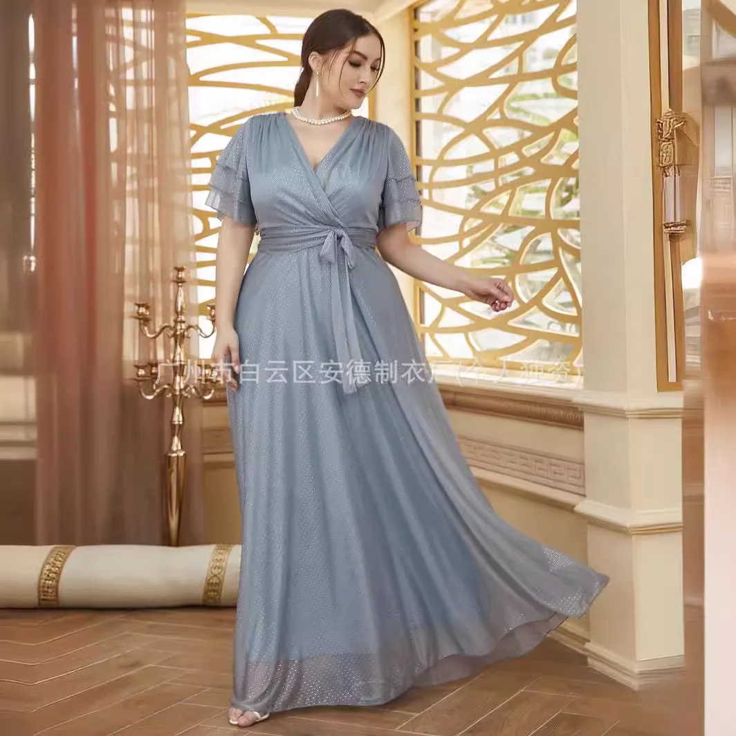 Large Women\'s Elegant Evening Dress Drop Deep V Bridesmaid Fairy Dress Plus Size High Waist Long Chiffon Dress Flare