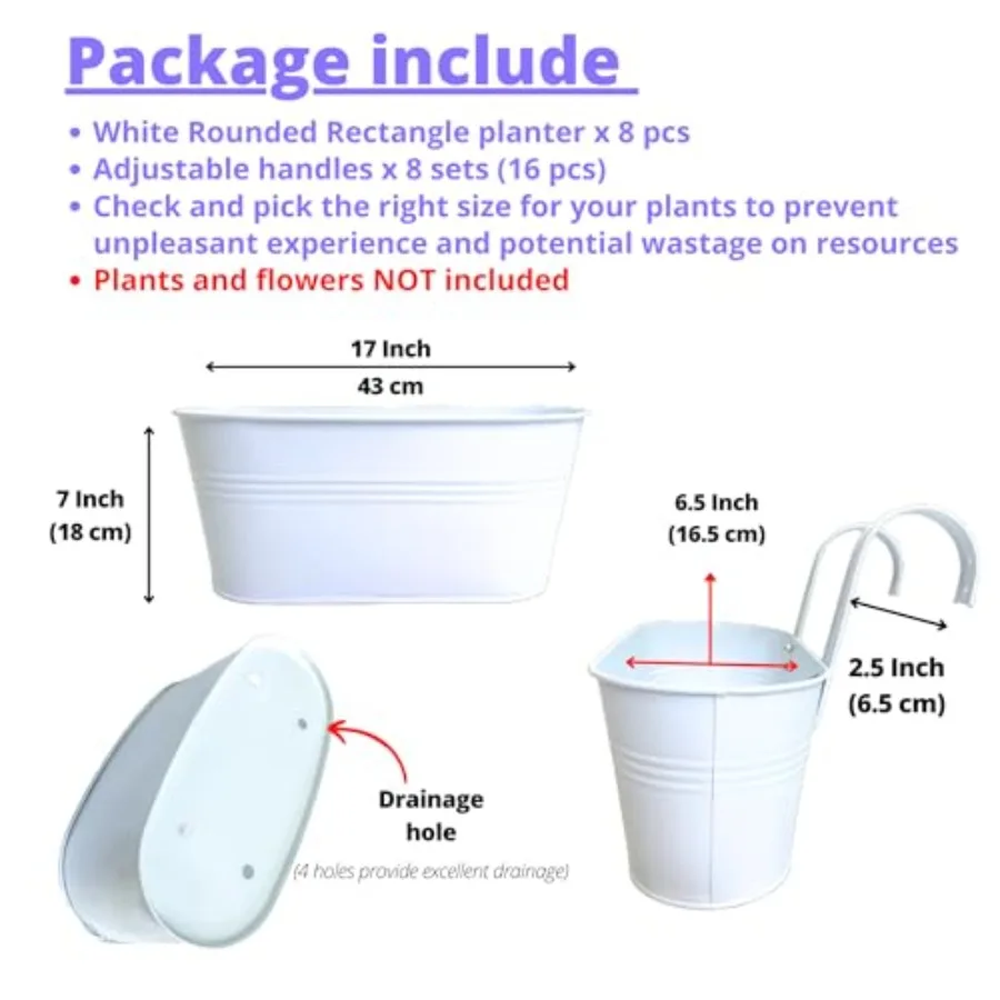 Outdoor white metal planter boxes for deck railing, 17-inch hanging flower pots with hooks, large window box plant holders, mod - view 2