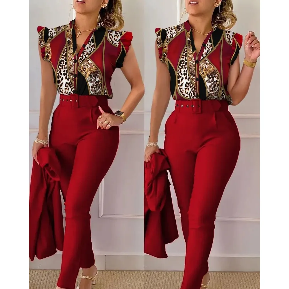 Fashion Printed Lotus Leaf Sleeve Buttons Shirt High Waist Solid Pants Set With Belt Women\'s Elegant Two Piece Set Work Outfits