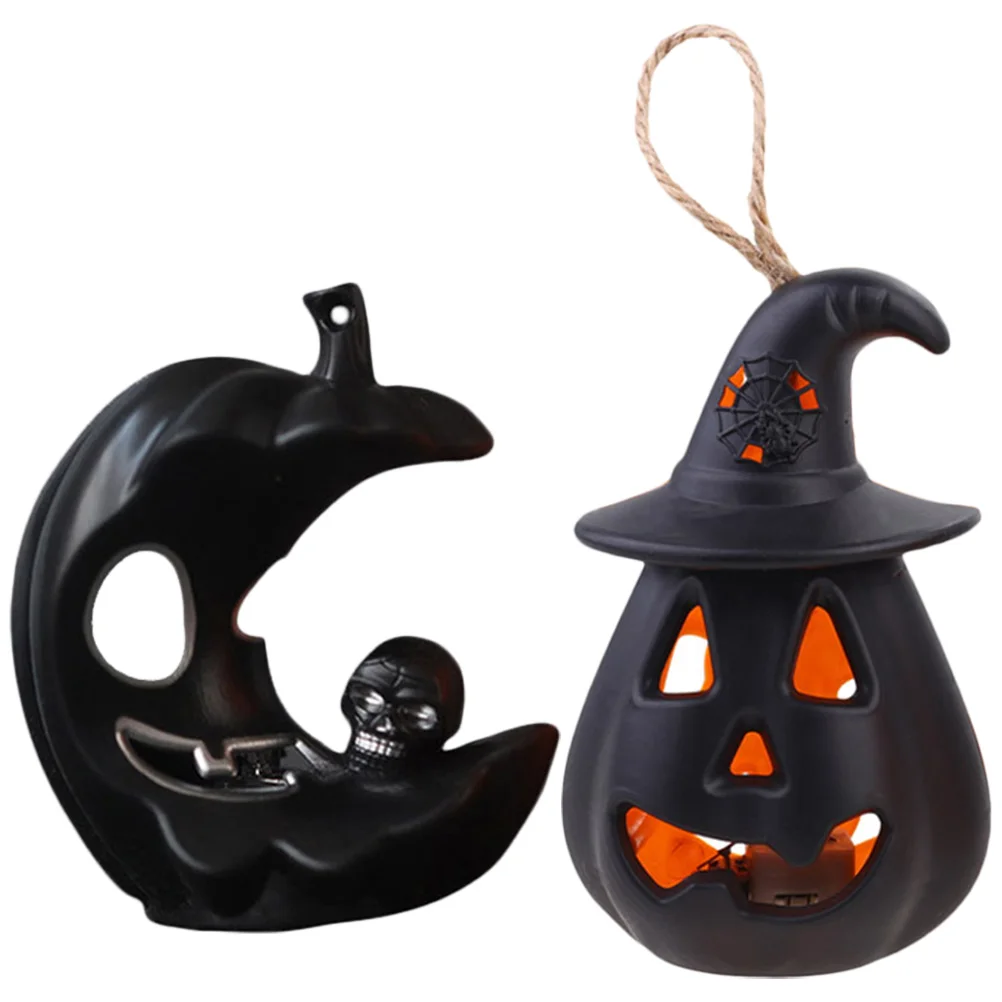 

2 Pcs Pumpkin Lantern LED Light Party Decorations Halloween Lamp Candlestick Decorative Resin Table Skull