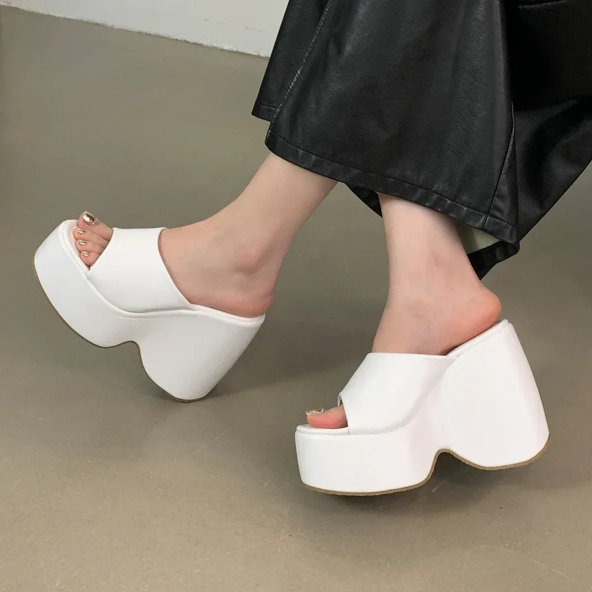 

Eilyken Fashion Open Round Toe Platform Wedges Women's Slippers Concise Thick Bottom High Heels Slide Ladies Shoes