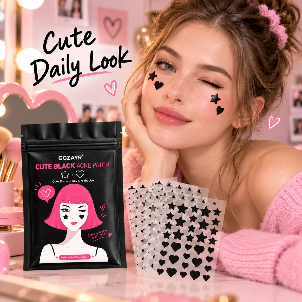 792PCS Cute Black Acne Patches, Star Heart Hydrocolloid Pimple Stickers, Large Quantity Face Spot Cover Beauty Accessories